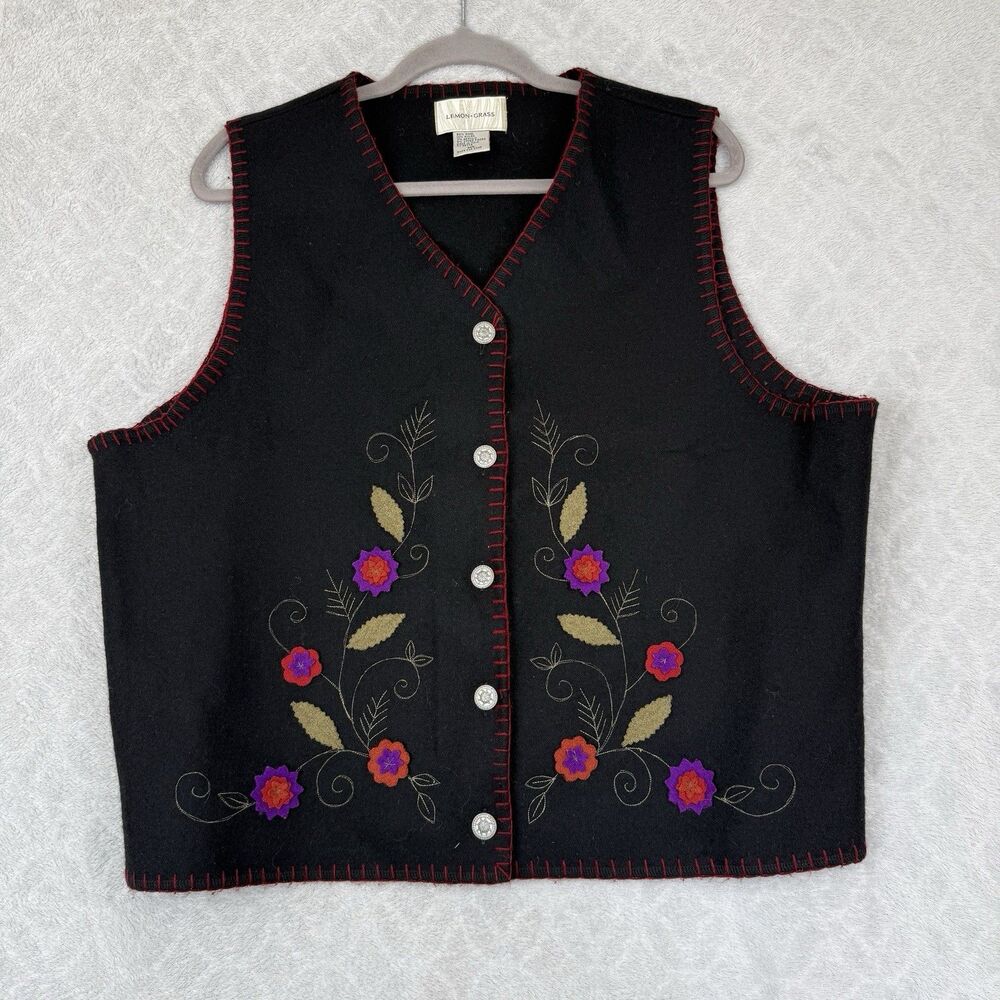 Vtg Lemon Grass Felt Wool Blend Vest Womens XL Black Floral Embroidered 3D Artsy